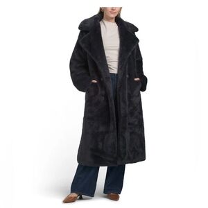 Rebecca Minkhoff Faux Fur Double Breasted Long Coat Luxury Winter Dk Gray Size M